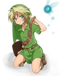 Rule 34 | 1boy, aged down, blonde hair, blue eyes, child, clenched hand, hat, kneeling, link, looking at viewer, male focus, mimitchilove, navi, nintendo, pointy ears, shiny skin, simple background, solo, the legend of zelda, the legend of zelda: ocarina of time, white background, young link