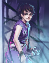Rule 34 | 1girl, belt, belt collar, breasts, brown hair, collar, cowboy shot, earrings, electric guitar, eyeshadow, freckles, guitar, highres, instrument, jcm2, jewelry, looking at viewer, luna loud, makeup, miniskirt, paperclip earrings, plaid, plaid skirt, purple eyeshadow, purple skirt, realistic, shirt, short hair, skirt, skull print, small breasts, smile, solo, standing, t-shirt, the loud house, torn clothes, torn shirt, white belt