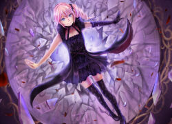 Rule 34 | 1girl, artist name, asymmetrical gloves, black dress, black footwear, black gloves, black scrunchie, black thighhighs, boots, bow, breasts, broken glass, closed mouth, crossed bangs, dress, dress bow, elbow gloves, final fantasy, final fantasy xiii, frilled dress, frills, glass, gloves, hair between eyes, hair intakes, hair ornament, hair scrunchie, high heel boots, high heels, lightning returns: final fantasy xiii, long hair, looking at viewer, lumina, one side up, outstretched arms, outstretched hand, pink hair, print thighhighs, scrunchie, side ponytail, sidelocks, single glove, sleeveless, sleeveless dress, small breasts, smile, solo, thighhighs, through window, window, xilveroxas, zettai ryouiki