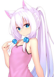 Rule 34 | 1girl, animal ear fluff, animal ears, armpit crease, bare arms, bare shoulders, blue eyes, breasts, camisole, cat ears, closed mouth, expressionless, hair between eyes, hair ornament, hand up, highres, long hair, looking at viewer, mahcdai, original, pink shirt, ponytail, shirt, sidelocks, simple background, slit pupils, small breasts, solo, upper body, very long hair, white background, white hair