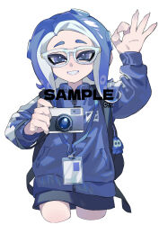 Rule 34 | 1girl, absurdres, backpack, bag, blue eyes, blue hair, blue jacket, blue theme, camera, commentary request, glasses, highres, holding, holding camera, jacket, lanyard, looking at viewer, medium hair, neet xing, nintendo, octoling, octoling girl, octoling player character, ok sign, sample watermark, simple background, smile, solo, splatoon (series), teeth, tentacle hair, watermark, white-framed eyewear, white background
