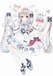 Rule 34 | 1girl, :o, absurdres, apron, black bow, blush, bow, brown eyes, brown hair, commentary request, cup, dress, frilled apron, frilled dress, frills, full body, grey background, grey bow, grey footwear, hair bow, hands up, highres, holding, kneehighs, kotamun, long hair, long sleeves, looking at viewer, maid, multicolored hair, original, parted lips, pleated dress, saucer, shirt, shoes, silver hair, simple background, socks, solo, spoon, striped clothes, striped dress, stuffed animal, stuffed toy, tea, teacup, teapot, teddy bear, two-tone hair, vertical-striped clothes, vertical-striped dress, very long hair, white apron, white background, white shirt, white socks