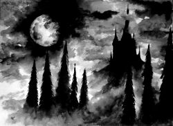Rule 34 | absurdres, black metal, castle, cloud, cloudy sky, commentary, english commentary, fog, forest, full moon, greyscale, heavy metal, highres, hill, monochrome, moon, nature, night, night sky, no humans, original, outdoors, pine tree, priestofterror, scenery, silhouette, sky, tree