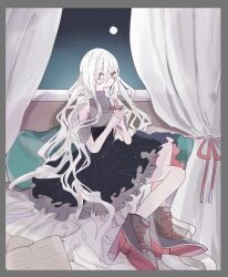 Rule 34 | 1girl, bare shoulders, bead necklace, beads, bedroom, black skirt, book, boots, brown footwear, cross, curtains, frilled skirt, frills, grey shirt, high-waist skirt, highres, holding, holding cross, jewelry, long hair, looking at viewer, nanamiya ten, necklace, night, on bed, open book, original, own hands clasped, own hands together, pillow, red eyes, shirt, sitting, skirt, sky, sleeveless, solo, star (sky), starry sky, turtleneck, very long hair, white hair