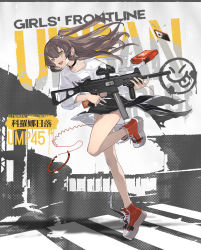 Rule 34 | 1girl, artist request, bag, unworn bag, black choker, black skirt, breasts, brown eyes, brown hair, buruma, casual, cellphone, character name, chinese text, choker, copyright name, english text, full body, girls&#039; frontline, grin, gun, h&amp;k ump, headphones, headphones removed, highres, holding, holding gun, holding weapon, id card, legs, long hair, long skirt, long sleeves, looking away, official alternate costume, official art, open mouth, orange bag, phone, print shirt, promotional art, red footwear, scar, scar across eye, shirt, shoes, side ponytail, skirt, small breasts, smartphone, smile, sneakers, solo, standing, standing on one leg, submachine gun, torn clothes, torn footwear, torn shirt, torn skirt, ump45 (corona sunset) (girls&#039; frontline), ump45 (girls&#039; frontline), upper body, weapon, white shirt, window magazine