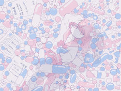 Rule 34 | 1girl, arm up, awaya yawako, bandaid, bottle, closed mouth, commentary, english commentary, from above, heart, long sleeves, looking at viewer, lying, on back, original, pill, pink eyes, pink hair, pink sailor collar, pink skirt, pleated skirt, sailor collar, school uniform, serafuku, skirt, sleeves past fingers, sleeves past wrists, solo, syringe, water bottle