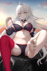 Rule 34 | 1girl, ahoge, barefoot, bikini, black bikini, black choker, breasts, choker, cleavage, cloud, cloudy sky, commentary request, fate/grand order, fate (series), feet, highres, jeanne d&#039;arc alter (swimsuit berserker) (fate), jeanne d&#039;arc (fate), jeanne d&#039;arc alter (fate), jeanne d&#039;arc alter (swimsuit berserker) (fate), large breasts, long hair, navel, o-ring, o-ring bikini, o-ring bottom, o-ring top, outdoors, red thighhighs, shrug (clothing), single thighhigh, sitting, sitting on object, sky, solo, sunset, swimsuit, thighhighs, tsurime, undressing, very long hair, white hair, yamamura umi, yellow eyes
