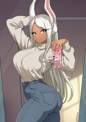 Rule 34 | 1girl, absurdres, animal ears, arm behind head, ass, boku no hero academia, breasts, cellphone, dark-skinned female, dark skin, high-waist pants, highres, holding, holding phone, large breasts, long eyelashes, long hair, looking at viewer, mirko, mirror, pants, parted bangs, phone, rabbit ears, rabbit girl, rabbit tail, red eyes, selfie, smartphone, solo, sweater, sweater tucked in, tail, theoiledone, turtleneck, turtleneck sweater, twisted torso, twitter username, very long hair, white hair, white sweater