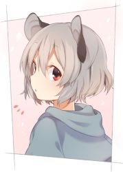 Rule 34 | 1girl, :o, ^^^, akagashi hagane, animal ears, blush, capelet, from behind, from side, grey hair, hair between eyes, looking back, mouse ears, nazrin, parted lips, pink background, portrait, red eyes, short hair, simple background, solo, tareme, touhou, upper body