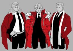 Rule 34 | 3boys, belt, char&#039;s counterattack, char aznable, coat, collared shirt, cropped legs, expressionless, formal, full frontal, fur-trimmed jacket, fur trim, gundam, gundam unicorn, hand on own hip, hands in pockets, highres, jacket, jacket on shoulders, light smile, long hair, long sleeves, looking at viewer, looking to the side, male focus, monochrome, multiple boys, necktie, quattro bajeena, red coat, red jacket, red theme, shirt, short hair, siodam410, spot color, stole, suit, trench coat, winter clothes, winter coat, zeta gundam
