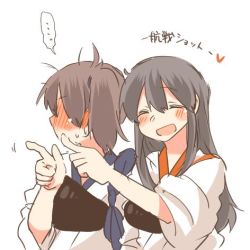Rule 34 | ..., 10s, 2girls, akagi (kancolle), bad id, bad twitter id, black hair, brown hair, closed eyes, heart, kaga (kancolle), kantai collection, long hair, lowres, multiple girls, open mouth, pointing, rebecca (keinelove), short hair, side ponytail, smile, sweat, translation request