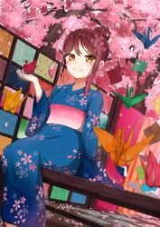Rule 34 | 1girl, alternate hairstyle, artist name, artist request, barefoot, barefoot sandals (jewelry), blue kimono, blush, breasts, brown eyes, female focus, floral print, flower print, hair between eyes, hair bun, hair ornament, hairclip, half updo, highres, holding, japanese clothes, kimono, long hair, long sleeves, looking at viewer, love live!, love live! sunshine!!, obi, outdoors, parted lips, red hair, sakurauchi riko, sandals, sash, single hair bun, sitting, small breasts, smile, solo, tree, wide sleeves, yellow eyes