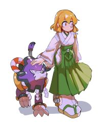 1girl blonde_hair closed_eyes dog full_body green_skirt highres japanese_clothes kimono mega_man_(classic) mega_man_(series) non-humanoid_robot original piano_(srnhuyuno) robot robot_animal robot_dog scar scar_on_face short_hair simple_background skirt srnhuyuno treble_(mega_man) white_background white_kimono