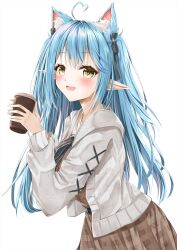 Rule 34 | 1girl, ahoge, black ribbon, blue hair, blush, brown dress, cable knit, cardigan, colored tips, cowboy shot, cross-laced clothes, cross-laced sleeves, cup, disposable cup, double-parted bangs, dress, grey cardigan, hair ribbon, heart, heart ahoge, highres, holding, holding cup, hololive, long hair, looking at viewer, multicolored hair, official alternate costume, official alternate hairstyle, open mouth, plaid, plaid dress, pleated dress, pointy ears, ribbon, shibakarezduc3372, simple background, smile, solo, two side up, virtual youtuber, white background, yellow eyes, yukihana lamy, yukihana lamy (casual)
