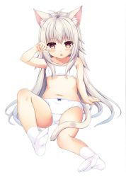 Rule 34 | 1girl, animal ear fluff, animal ears, antenna hair, bad id, bad twitter id, bare arms, bare shoulders, blush, bow, bow panties, bra, brown eyes, cat ears, cat girl, cat tail, collarbone, commentary request, copyright request, fang, full body, hair between eyes, inactive account, long hair, looking at viewer, navel, no shoes, panties, sakuraba hikaru (loveindog), sidelocks, simple background, socks, soles, solo, tail, underwear, underwear only, very long hair, white background, white bra, white hair, white panties, white socks