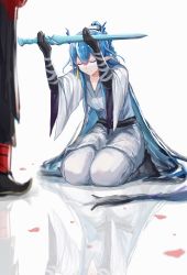 Rule 34 | 1girl, absurdres, alternate costume, arknights, black footwear, black gloves, blue hair, braid, chinese clothes, closed eyes, closed mouth, collarbone, dougi, dragon girl, dragon horns, dragon tail, elbow gloves, full body, gloves, hanfu, highres, holding, holding sword, holding weapon, horns, kneeling, ling (arknights), long hair, long sleeves, multicolored hair, out of frame, pointy ears, reflection, simple background, solo focus, standing, streaked hair, sword, tail, two-tone hair, v-shaped eyebrows, very long hair, weapon, white background, white hair, wide sleeves, zuo daoxing