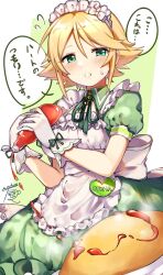 Rule 34 | 1girl, apron, artist name, blonde hair, blush, bow, breasts, dress, dress bow, flying sweatdrops, food, frilled apron, frills, gloves, green background, green dress, green eyes, green ribbon, grid background, highres, holding, idolmaster, idolmaster cinderella girls, idolmaster cinderella girls starlight stage, ketchup, large breasts, looking at viewer, maid apron, maid headdress, mmmakaron888, musical note, name tag, neck ribbon, omelet, omurice, open mouth, plate, ribbon, short hair, short sleeves, simple background, solo, speech bubble, sweatdrop, umeki otoha