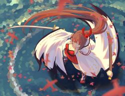 Rule 34 | azur lane, breasts, brown hair, cleavage, day, eyes visible through hair, falling leaves, floating hair, from above, geta, hair ornament, holding, holding sheath, holding sword, holding weapon, japanese clothes, katana, large breasts, leaf, long hair, outdoors, ponytail, sheath, sidelocks, smile, solo, sword, thigh strap, thighs, very long hair, weapon, wide sleeves, wind, wind lift, you ni ge shaobing, zuikaku (azur lane)