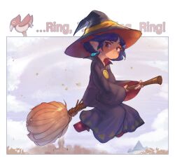 Rule 34 | absurdres, blue eyes, blue hair, blush, border, broom, broom riding, castle, dress, earrings, english text, eyeshadow, full body, hat, highres, irene (zelda), jewelry, long sleeves, looking to the side, makeup, nintendo, onimiere, outdoors, pointy ears, pout, short hair, the legend of zelda, the legend of zelda: a link between worlds, tree, weather vane, white border, wide sleeves, witch, witch hat