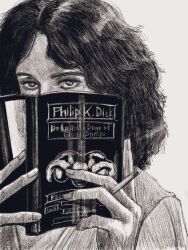 1girl black_hair book book_focus cigarette do_androids_dream_of_electric_sheep? english_text highres holding holding_book holding_cigarette long_hair looking_at_viewer monochrome open_book original portrait solo tp_p_pt wavy_hair