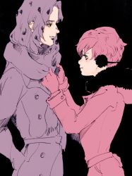 Rule 34 | 1boy, 1girl, adjusting another&#039;s clothes, bad id, bad pixiv id, black background, coat, diavolo, earmuffs, father and daughter, gloves, highres, jojo no kimyou na bouken, kuro (cdh3539), long hair, pink hair, pout, purple hair, scarf, short hair, simple background, trish una, vento aureo, winter clothes
