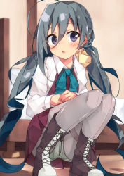 Rule 34 | 1girl, ahoge, aqua bow, aqua bowtie, beritabo, blush, boots, bow, bowtie, collared shirt, cross-laced footwear, dress, grey eyes, grey hair, grey pantyhose, hair between eyes, highres, kantai collection, kiyoshimo (kancolle), lace-up boots, long hair, long sleeves, low twintails, open mouth, panties, panties under pantyhose, pantyhose, pleated dress, purple dress, shirt, solo, twintails, underwear, white shirt