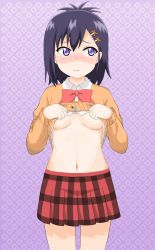 Rule 34 | 10s, 1girl, absurdres, black hair, blue eyes, blush, breasts, clothes lift, gabriel dropout, highres, navel, no bra, shirt lift, small breasts, solo, underboob, vignette tsukinose april