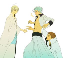 Rule 34 | 00s, 3boys, abs, ahoge, aizen sousuke, arrancar, artist request, bleach, blue hair, blush, brown hair, closed eyes, grimmjow jaegerjaquez, ichimaru gin, male focus, multiple boys, number tattoo, open mouth, playing, rock paper scissors, short hair, simple background, smile, surprised, sweatdrop, tattoo, white background, white hair