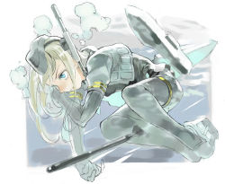 Rule 34 | 1girl, bad id, bad pixiv id, black dress, black pantyhose, blonde hair, blue eyes, bubble, closed mouth, cropped jacket, dress, full body, garrison cap, grey hat, grey jacket, hat, headset, jacket, kantai collection, knees apart feet together, long hair, long sleeves, oishii ishiwata, open clothes, open jacket, pantyhose, puffy long sleeves, puffy sleeves, short dress, solo, straight hair, thigh strap, torpedo, u-511 (kancolle)