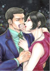 Rule 34 | 1boy, 1girl, bare shoulders, black hair, blue suit, bob cut, earrings, facial hair, formal, gyuu-lunch, hand on another&#039;s face, hetero, highres, holding, holding another&#039;s wrist, husband and wife, jewelry, lipstick, looking at another, makeup, marker (medium), mature female, nail polish, necklace, necktie, original, red lips, ring, short hair, shouwa, sleeveless, suit, traditional media, veins, very short hair, wedding band