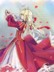 Rule 34 | 1girl, ahoge, armored boots, backless dress, backless outfit, blade to throat, blonde hair, boots, braid, clenched teeth, commentary, crying, dagger, dress, epaulettes, falling petals, fate/extra, fate (series), flower, french braid, from side, full body, grey background, hair down, hair intakes, hair over eyes, hair ribbon, highres, holding, holding dagger, holding knife, holding weapon, imminent suicide, juliet sleeves, kneeling, knife, long hair, long sleeves, nayu tundora, nero claudius (fate), nero claudius (fate) (all), nero claudius (fate/extra), petals, profile, puffy sleeves, red dress, red flower, red ribbon, red rose, ribbon, rose, rose petals, see-through, see-through dress, solo, suicide, teeth, weapon, wide sleeves