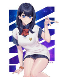 Rule 34 | 1girl, black hair, black skirt, blush, bow, bowtie, breasts, gridman universe, grin, highres, looking at viewer, me ao (many blue leaves), medium breasts, medium hair, parted lips, pleated skirt, purple eyes, red bow, red bowtie, shiny skin, short sleeves, skirt, smile, ssss.gridman, takarada rikka, teeth, thighs, uniform, v