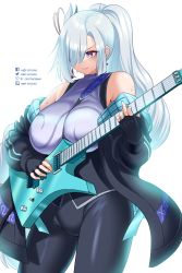 Rule 34 | 1girl, absurdres, bad id, bad pixiv id, bare shoulders, black jacket, black pants, blue eyes, breasts, commentary, cowboy shot, electric guitar, genshin impact, guitar, hair ornament, hair over one eye, hiep studio, highres, holding, holding instrument, instrument, jacket, large breasts, leggings, long hair, off shoulder, official alternate costume, open clothes, open jacket, pants, ponytail, purple shirt, shenhe (genshin impact), shirt, simple background, solo, standing, thighs, very long hair, white background, white hair