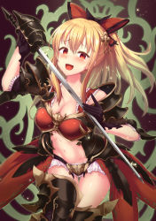 Rule 34 | 10s, 1girl, black gloves, blonde hair, blush, bow, breasts, cleavage, empty eyes, gloves, granblue fantasy, hair bow, hair ornament, large breasts, long hair, looking at viewer, navel, open mouth, ponytail, red eyes, shinovi, smile, solo, sword, vira (granblue fantasy), weapon