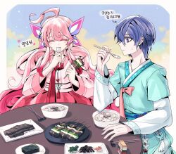 1boy 1girl ahoge alternate_costume bbing_(kurabe_juro) closed_eyes closed_mouth commentary_request eating elsword food highres holding holding_spoon korean_clothes korean_text laby_(elsword) liberator_(elsword) long_sleeves noah_ebalon pink_hair profile purple_eyes purple_hair radiant_soul_(elsword) sitting spoon sweatdrop table wavy_hair