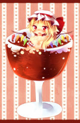 Rule 34 | 1girl, abandon ranka, bad id, bad pixiv id, blonde hair, blush, collarbone, cup, drink, embodiment of scarlet devil, female focus, flandre scarlet, hand on own chest, hat, hat ribbon, heart, highres, in container, in cup, legs together, legs up, letterboxed, looking at viewer, mini person, minigirl, nude, open mouth, outline, red background, red eyes, ribbon, short hair, side ponytail, solo, striped, striped background, tears, touhou, wings, wrist cuffs