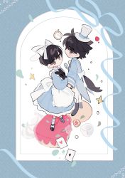 Rule 34 | 2boys, alternate costume, animal, animal ears, black footwear, black hair, blue border, blue dress, blue jacket, blue socks, border, bow, brown eyes, card, clock, coattails, commentary, crossdressing, dress, food, full body, hair bow, hat, highres, holding, holding animal, holding hands, jacket, kim dokja, long sleeves, looking at viewer, male focus, multiple boys, omniscient reader&#039;s viewpoint, pants, rabbit, rabbit ears, short hair, socks, standing, standing on object, striped clothes, striped socks, symbol-only commentary, tail, top hat, white background, white bow, white headwear, white pants, wolf boy, wolf ears, wolf tail, ya qaq, yoo joonghyuk