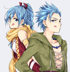 Rule 34 | 1boy, 1girl, :q, armband, bad id, bad pixiv id, blue eyes, blue hair, braid, braided ponytail, brother and sister, camus (dq11), dragon quest, dragon quest xi, earrings, hair ribbon, high braid, jewelry, long hair, lowres, maya (dq11), naho (pi988y), necklace, red vest, ribbon, scarf, siblings, single braid, tongue, tongue out, vest
