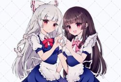 Rule 34 | 2girls, :d, apron, black hair, blunt bangs, bow, bowtie, closed mouth, commentary, fujiwara no mokou, grey hair, hair bow, heart, heart hands, heart hands duo, hime cut, houraisan kaguya, long hair, maid, multiple girls, open mouth, pink bow, pink bowtie, red bow, red bowtie, red eyes, rimei, short sleeves, smile, touhou, waist apron, white apron, white background, white bow