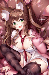 Rule 34 | 1girl, animal ear fluff, animal ears, black thighhighs, breasts, brown hair, cardigan, commission, fang, fox ears, fox girl, fox tail, green eyes, hair between eyes, highres, knee up, large breasts, long hair, looking at viewer, multiple tails, nail polish, navel, necktie, open cardigan, open clothes, open mouth, original, pink cardigan, plushmallow, red nails, red necktie, shirt, sidelocks, signature, sitting, solo, squchan, striped clothes, striped thighhighs, tail, thighhighs, white shirt