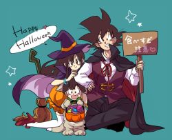 Rule 34 | 1girl, 2boys, black eyes, black hair, blue background, bracelet, broom, candy, cape, chi-chi (dragon ball), couple, dragon ball, dragonball z, family, father and son, food, halloween, halloween costume, hat, heart, high heels, jewelry, long hair, long sleeves, looking at viewer, mother and son, multiple boys, open mouth, ribbon, short hair, sign, simple background, smile, son gohan, son goku, speech bubble, spiked hair, star (symbol), tkgsize, translated, waistcoat, witch hat