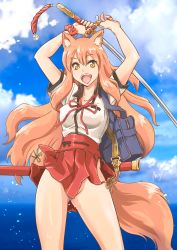 Rule 34 | 1girl, animal ear fluff, animal ears, arms up, bad id, bad pixiv id, breasts, covered erect nipples, fate/extra, fate/extra ccc, fate/extra ccc fox tail, fate/grand order, fate (series), fox ears, fox tail, hakama, hakama short skirt, hakama skirt, highres, holding, holding sword, holding weapon, japanese clothes, katana, large breasts, long hair, looking at viewer, no panties, open mouth, orange hair, skirt, smile, solo, standing, suzuka gozen (fate), sword, tail, weapon, yellow eyes