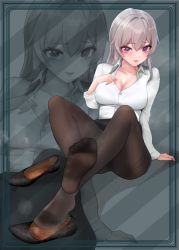 Rule 34 | 1girl, arm support, black footwear, blush, breasts, brown pantyhose, cleavage, eyelashes, feet, fine fabric emphasis, grey background, grey hair, hand up, highres, large breasts, leaning back, legs, long hair, lumina (artist), mole, mole on breast, nail polish, no shoes, original, pantyhose, partially unbuttoned, purple eyes, purple nails, shiny skin, shoes, unworn shoes, sidelocks, smell, soles, steaming body, thighs, toes
