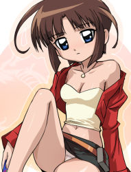 Rule 34 | 1girl, ahoge, bare shoulders, belt, belt pouch, belt skirt, blue eyes, blunt bangs, breasts, brown hair, card, cleavage, crop top, cropped jacket, duel masters, duel masters flash, expressionless, haruyama kazunori, holding, holding card, jacket, jewelry, kukami rei, kyuumori rei, leg up, legs, long sleeves, looking at viewer, midriff, miniskirt, navel, necklace, off shoulder, open clothes, open jacket, outline, panties, pantyshot, parted bangs, pendant, pouch, shinseki duel masters flash, short hair, sitting, skirt, solo, strapless, tube top, underwear, upskirt, white panties