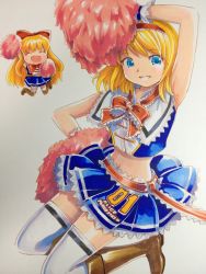 Rule 34 | 1girl, adapted costume, alice margatroid, armpits, bad id, bad twitter id, blonde hair, blue eyes, boots, capelet, cheerleader, closed eyes, female focus, marker (medium), matching shanghai, mayo riyo, midriff, navel, open mouth, pom pom (cheerleading), race queen, shanghai doll, short hair, smile, solo, thighhighs, touhou, traditional media, white thighhighs