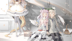Rule 34 | 3girls, ^ ^, absurdly long hair, alternate costume, blue archive, blunt bangs, casual, closed eyes, commentary request, detached sleeves, dress, feather hair ornament, feathers, grey hair, hair between eyes, hair bun, hair ornament, hairclip, halo, head wreath, highres, holding hands, long hair, long sleeves, mika (blue archive), multiple girls, nagisa (blue archive), out of frame, pantyhose, parted lips, picnic basket, pink hair, ryoma (rym 369), school uniform, seia (blue archive), side bun, sidelocks, single hair bun, single side bun, sitting, sleeping, sleeping on person, very long hair, white wings, wings