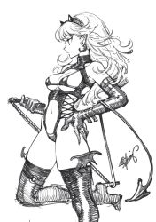 Rule 34 | 1girl, bare shoulders, boots, breasts, commentary, copyright request, earrings, elbow gloves, fake horns, fishine, gloves, greyscale, hand on own hip, high heel boots, high heels, highres, horns, jewelry, large breasts, long hair, monochrome, navel, original, signature, simple background, skindentation, solo, symbol-only commentary, thigh boots, thighhighs, whip, white background