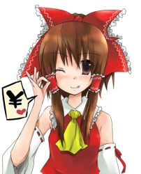 Rule 34 | 1girl, ;), blush, bow, detached sleeves, female focus, frilled bow, frills, hair bow, hair tubes, hakurei reimu, long sleeves, looking at viewer, lowres, one eye closed, red bow, ribbon-trimmed sleeves, ribbon trim, shima hinako, sidelocks, smile, solo, touhou