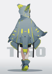 Rule 34 | 1girl, absurdres, back, boots, character name, cloak, commentary request, fami (yellow skies), full body, gradient background, highres, hood, hood up, hooded cloak, mittens, original, solo, standing, su-57