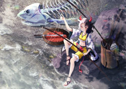 Rule 34 | 1girl, absurdres, animal ears, animal print, basket, black hair, closed mouth, cow ears, cow girl, cow horns, cow print, cow tail, crop top, fish skeleton, fishing, fishing rod, frilled shorts, frills, full body, haori, highres, horns, japanese clothes, multicolored hair, nettian51, outdoors, red eyes, red horns, red tail, rock, short hair, shorts, skeleton, solo, split-color hair, tail, touhou, two-tone hair, ushizaki urumi, water, white hair, yellow shorts